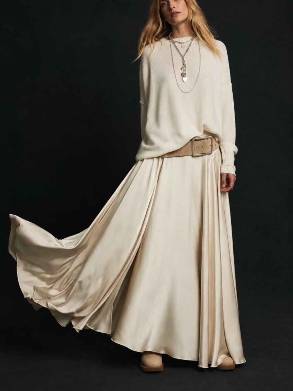 Free People Chilco Satin Maxi Skirt Ivory Size 2 | Current Collection $128 Retai